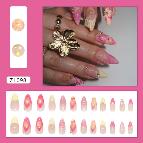 Press On Nails 3D Flower Shell Texture Artificial Pearl Star Long Almond Shape Sweet French Style Artificial Fake Fingernails Women