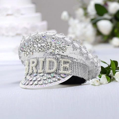 Cappello Da Capitano Sposa Paillettes Strass Künstliche Perle Scritta Addio Al Nubilato Matrimonio Glamour Stile Militare Berretto Donna