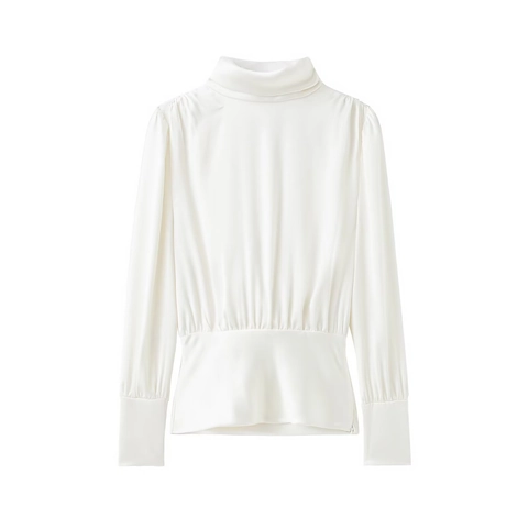 Elegant White Polyester Cotton Satin Blouse Bow Tie Neck Long Sleeve Pleated Waist Fashion Solid Color Slim Fit Tops