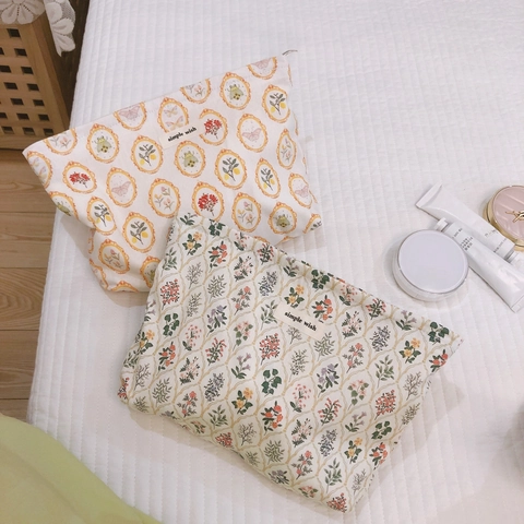 Borsa Trucco Floreale Tela Cotone Organizer Da Toeletta Cerniera Pochette Borsa A Mano Stile Dolce Per Donne Uso Quotidiano Viaggio