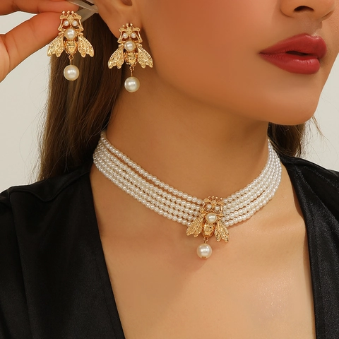 Motivo Animale Ape Imitazione Perla Artificial Collana Multistrato E Orecchini Lega Tonalità Oro Gioielli Di Moda Per Donne Elegante