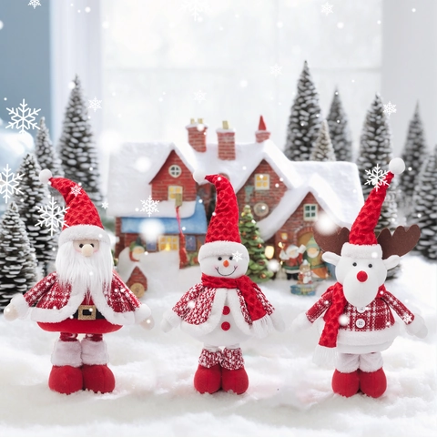 Ornements Poupée En Peluche De Noël Tissu Tricoté En Polyester Jambes Télescopiques Étirables Père Noël Bonhomme De Neige Renne Décoration De Table