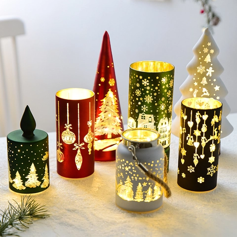 Christmas LED Candle Holder Hollow Glass Ornament Warm Light Desktop Decorative Lamp For Holiday Home Party Atmosphere