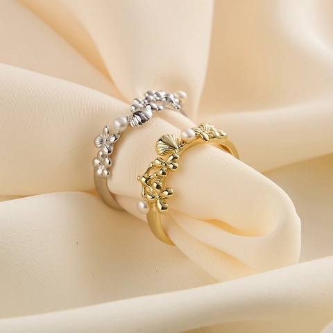 925 Sterling Silver Freshwater Pearl Open Ring For Women Gold Silver Plated Shell Flower Adjustable Individual Jewelry Finger Ring