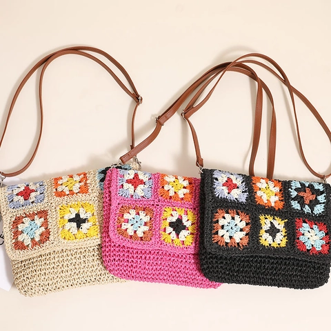Bohemian Granny Square Häkel Crossbody Strohtasche Damen Vintage Handgefertigte Gewebte Schultertasche Mit Kunstlederriemen
