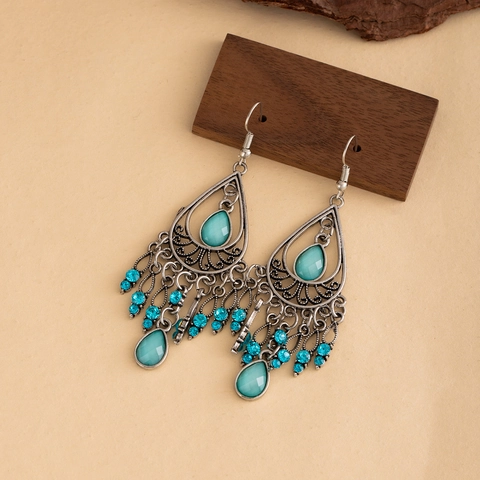 Bohemian Drop Earrings Zinc Alloy Hollow Peacock Feather Tassel Vintage Ethnic Teardrop Rhinestone Jewelry For Women