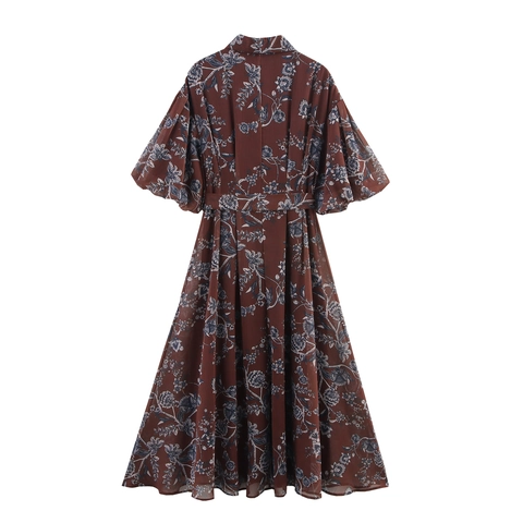 Damen Kaffee Floral Chiffon Maxikleid Puffärmel Reverskragen Retro A-Linie Sommerurlaub Elegante Taille Krawatte
