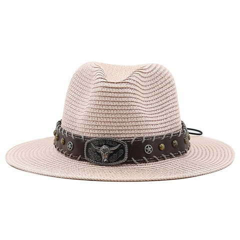 Western Retro Straw Cowboy Hat With Bull Head Metal Buckle Leather Band Wide Brim Breathable Sun Protection Men Women