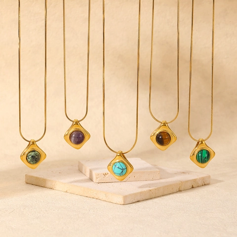 Vintage Geometric Pendant Necklace Stainless Steel 18K Gold Plated Natural Stone Tiger Eye Turquoise Snake Chain For Women