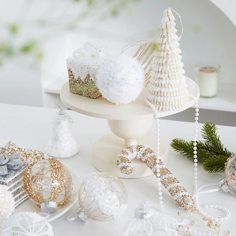 Kerstboomversieringen Champagne Goud Glitter Kunstparel Hangende Decoraties Feest Ster Ballen Lint Decoratie