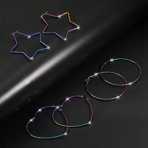Orecchini a Cerchio Esagerati in Acciaio al Titanio Cangiante per Donna Gioielli Geometrici Statement Stella Cuore Arcobaleno