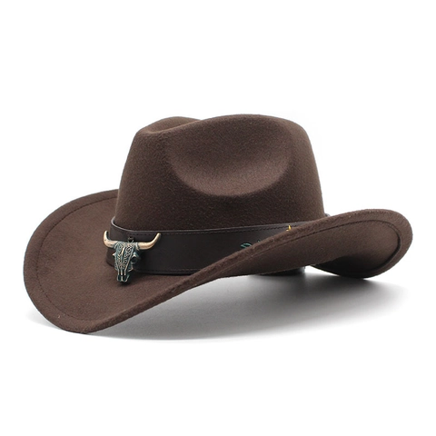 Western Cowboy Hat Felt Wool With Bull Head Ornament And Floral Embroidery Ethnic Style For Men Women