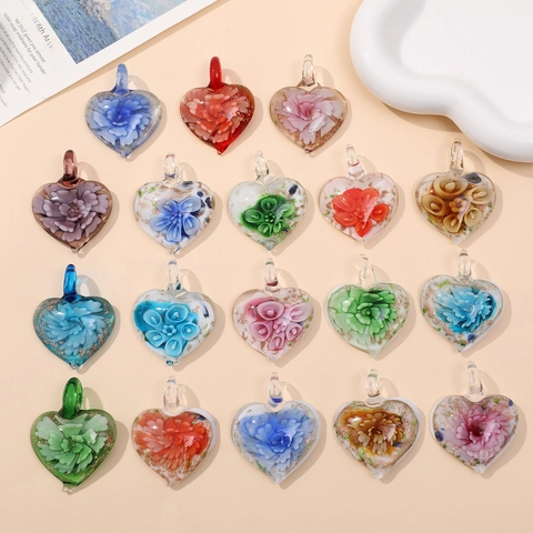 Heart Shaped Glass Lampwork Pendant With Internal Flower And Gold Foil For DIY Jewelry Making Romantic Aesthetic Style