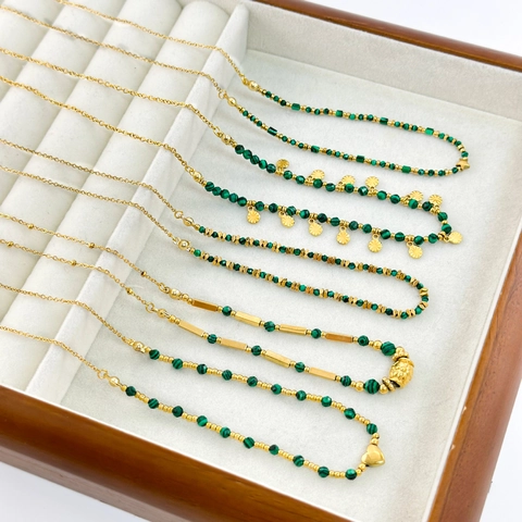 Collana di Perline di Malachite in Acciaio Inossidabile Vintage Francese per Donna Pendente a Cuore Stella Placcato Oro 18K Gioielli