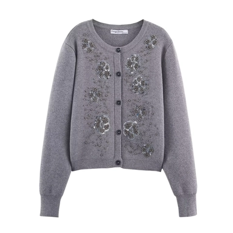 Gilet En Maille À Perles Et Paillettes Femme Col Rond Cardigan Manches Longues Gris Élégant Boutonné
