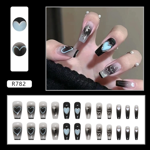 Schwarz Grau Verlauf Press On Nails Lange Ballerina Sargform Herz Stern Muster Künstliche Fingernägel Für Frauen