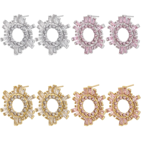 Lussuosi Orecchini a Lobo in Ottone con Zirconia a Forma di Girasole Radiale Geometrico Cavo Taglio Baguette Tondo Gioielli da Festa