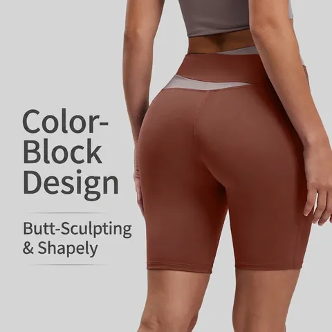 Short De Yoga Taille Haute Polyester Élasthanne Cross Waist Color Block Cycliste Séchage Rapide Élastique Sport