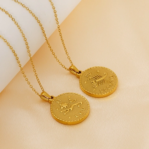 Collana Pendente Segno Zodiacale Vintage Placcato Oro 18K Acciaio Inossidabile Moneta Rotonda Per Donne Uomini