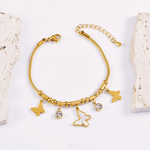 Elegant Stainless Steel Butterfly Pendant Layered Necklace Bracelet For Women Mother Of Pearl Rhinestone Inlay Jewelry