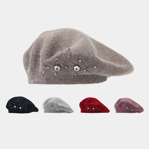 Béret Femme Hiver Chaud Mélange Poils De Lapin Broderie Florale En Strass Style Français Élégant Casquette Peintre