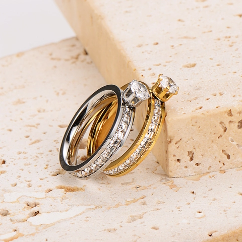 Solitaire Ring 304 Stainless Steel Cubic Zirconia Prong Pave Elegant Fashion Wedding Jewelry For Women Gold Silver Color