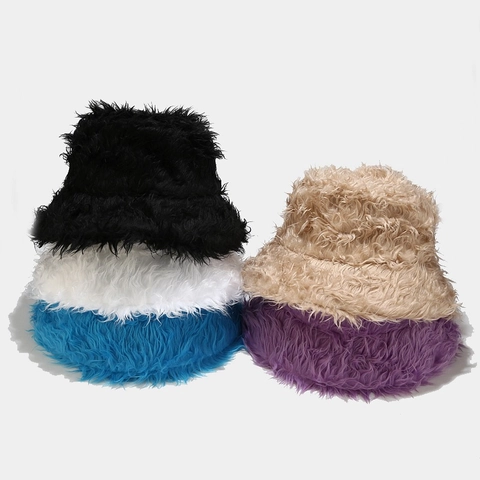 Winter Faux Fur Bucket Hat Women Warm Thickened Fluffy Long Plush Basin Hat Solid Color Adjustable Streetwear