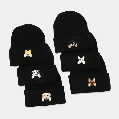 Knitted Beanie Hat Acrylic Warm Winter Folded Cuff Cute Dog Embroidery Patch Casual Skull Cap For Men Women
