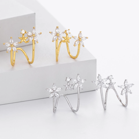 Ear Cuffs Fiore Stella Argento Sterling 925 Con Zirconia Clip Per Ossa Dell'orecchio Senza Buco Gioielli Per Donna