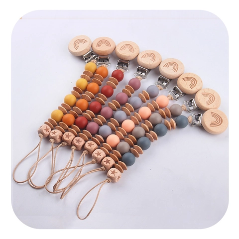 Silicone Pacifier Clip Chain Beech Wood Beads Rainbow Star Engraved Soother Holder Infant Teething Accessory