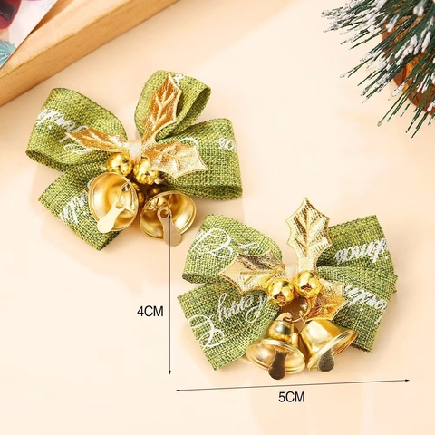 Christmas Decoration Bows With Gold Bells Burlap Linen Fabric Holly Leaves Tree Hanging Ornaments DIY Craft Print