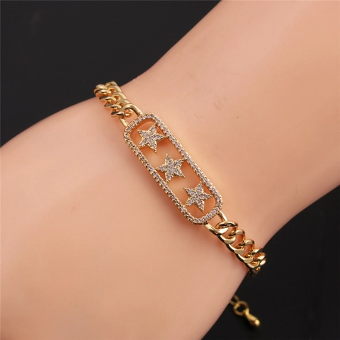 Bracelet Étoile En Zircon Et Jonc Chiffres Romains Cuivre Acier Inoxydable Plaqué Or Bijoux Élégants Femmes