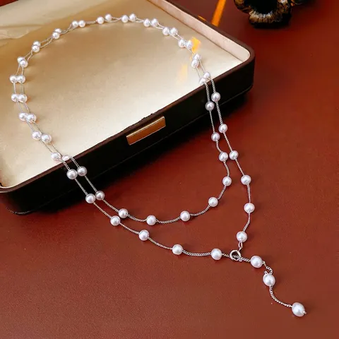 Elegant Double Layer Y-Shape Artificial Pearl Necklace Copper Chain French Vintage Minimalist Jewelry For Women Daily Wear