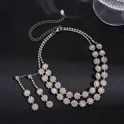 Collana Di Clavicola A Doppio Strato Di Fiori E Orecchini Pendenti Rame Strass Gioielli Eleganti Per Donne Matrimonio Festa