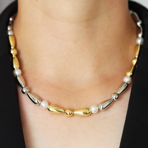 Polished Copper 18K Gold Plated Bamboo Joint Mixed Color Artificial Pearl Round Bead Necklace For Women Fashion Jewelry