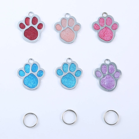 Placa de Identificación para Mascotas Huella de Pata Aleación de Zinc Purpurina Metal Anti-Perdida Colgante para Perros Gatos