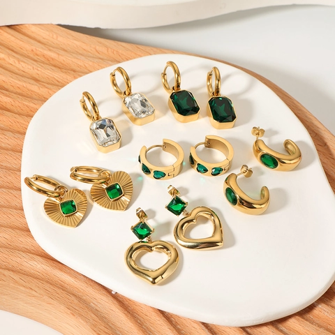 Vintage Emerald Heart Earrings Stainless Steel Zircon Geometric Drop Hoop Elegant Jewelry For Women