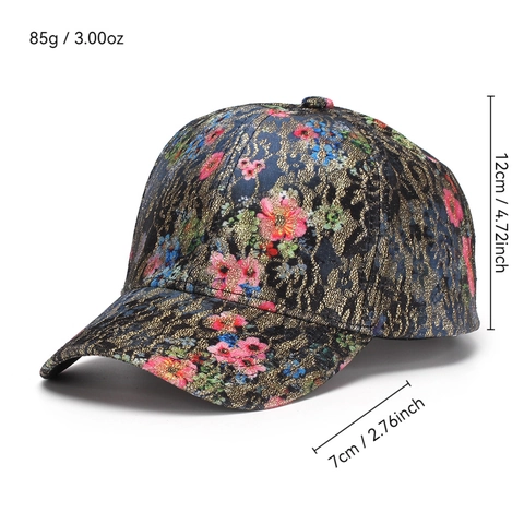 Floral Print Baseball Cap With Metallic Gold Satin Jacquard Lace Breathable Adjustable Outdoor Fashion Sun Hat For Women