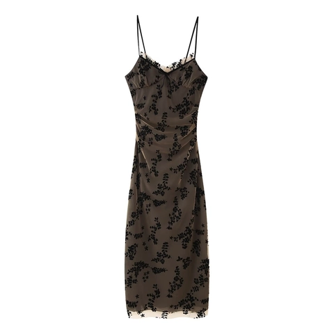 Sexy Bodycon Maxikleid Mit Beflocktem Blumennetz Raffung Ärmellos Spitzensaum Träger Schlankes Elegantes Party Abendkleid