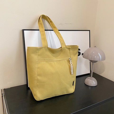 Large Capacity Canvas Tote Bag For Women Fashion Shoulder Handbag With Zipper Pocket And Knotted Puller Casual Daily