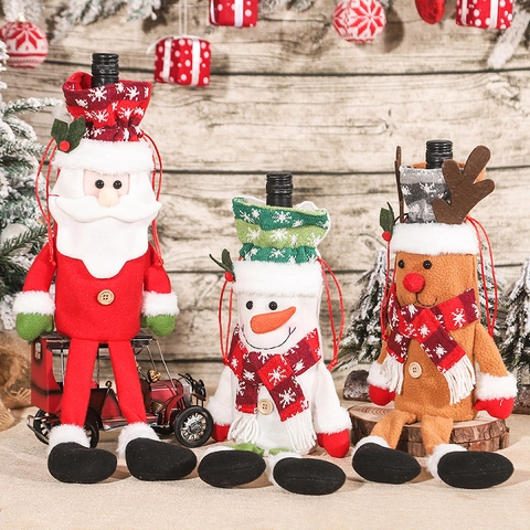 Christmas Wine Bottle Cover Cute Cartoon Long Leg Santa Claus Snowman Reindeer Knitted Fabric Dining Table Decor Gift
