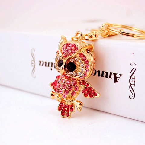Süßer Strass Eule Tier Schlüsselanhänger Zinklegierung Eingelegter Kristall Anhänger Auto Schlüsselring Für Damen Tasche Schmuck
