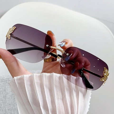 Rimless Sunglasses With Metal Butterfly Rhinestone Decoration Gradient PC Lens UV400 Protection Square Fashion Women Eyewear