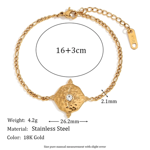 Bracciale Vintage con Ciondolo Quadrato Stella a Otto Punte in Acciaio Inossidabile Placcato Oro 18K Texture Martellata Strass