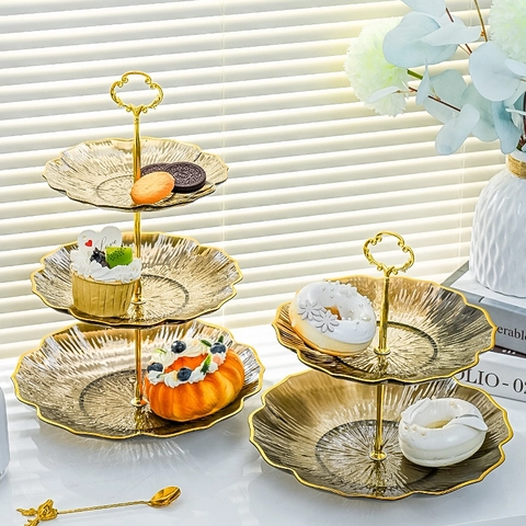 Multi-Tier Fruit Plate Stand Plastic Ripple Pattern Wave Edge Gold Rim Dessert Cupcake Holder Afternoon Tea Party Wedding Home