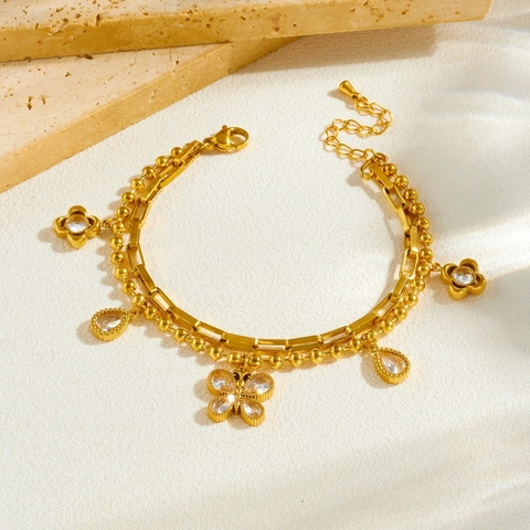 Fashion Double Layer Stainless Steel Gold Plated Bracelet With Butterfly Zircon Water Drop Pendants Jewelry For Women