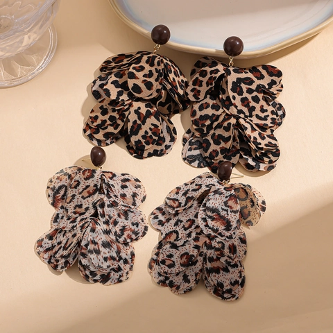 Leopard Print Chiffon Petal Drop Earrings With 925 Sterling Silver Earring Post Retro Bohemian Style For Women