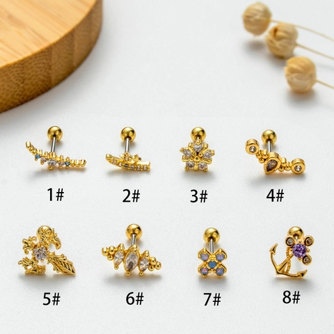 Stainless Steel Zircon Flower Cross Heart Anchor Star Cartilage Stud Earrings Double Head Screw Back Jewelry For Women