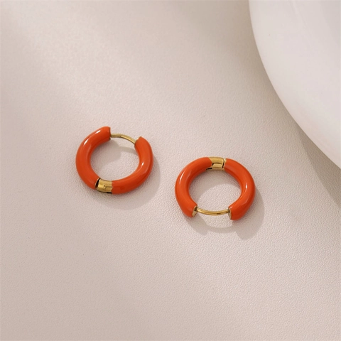 Orange Enamel Hoop Earrings Stainless Steel Round Geometric Gold Plated Jewelry For Women Elegant Fashion