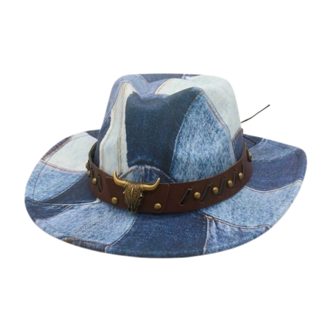 Vintage Denim Patchwork Cowboy Fedora Hat With Leather Band Metal Bull Head Rivets Wide Brim Western Style For Men Women